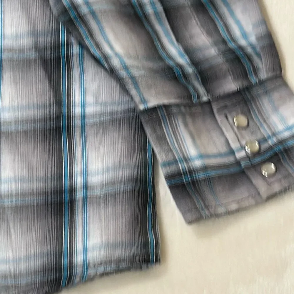 Wrangler 2XL black gray turquoise plaid pearl snap western shirt